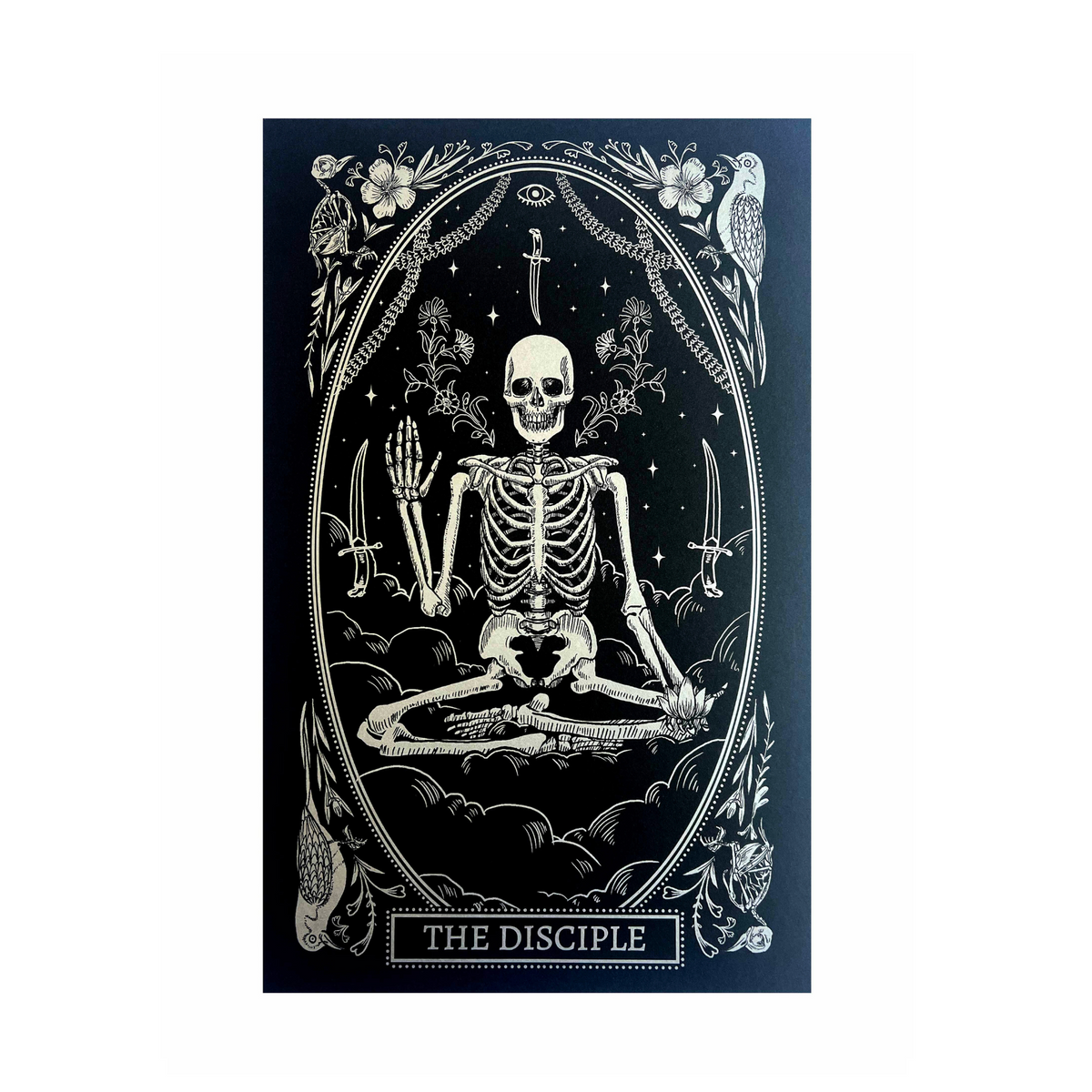 Skeletal figure in a meditative pose with decorative elements on a black background