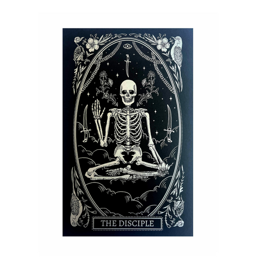 Skeletal figure in a meditative pose with decorative elements on a black background