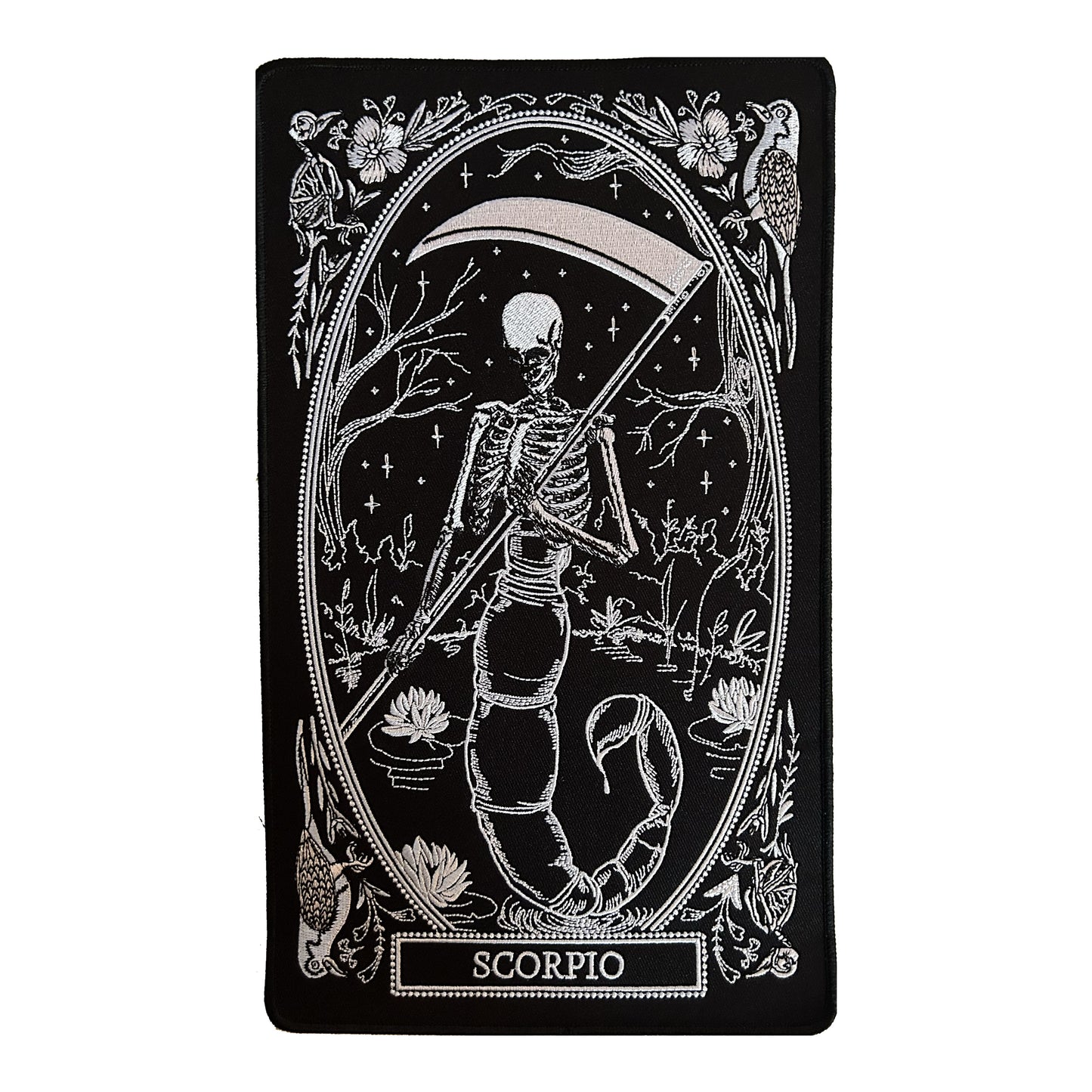 large embroidered back patch of scorpio zodiac sign from the mirror oracle deck by amrit brar and 13th press.