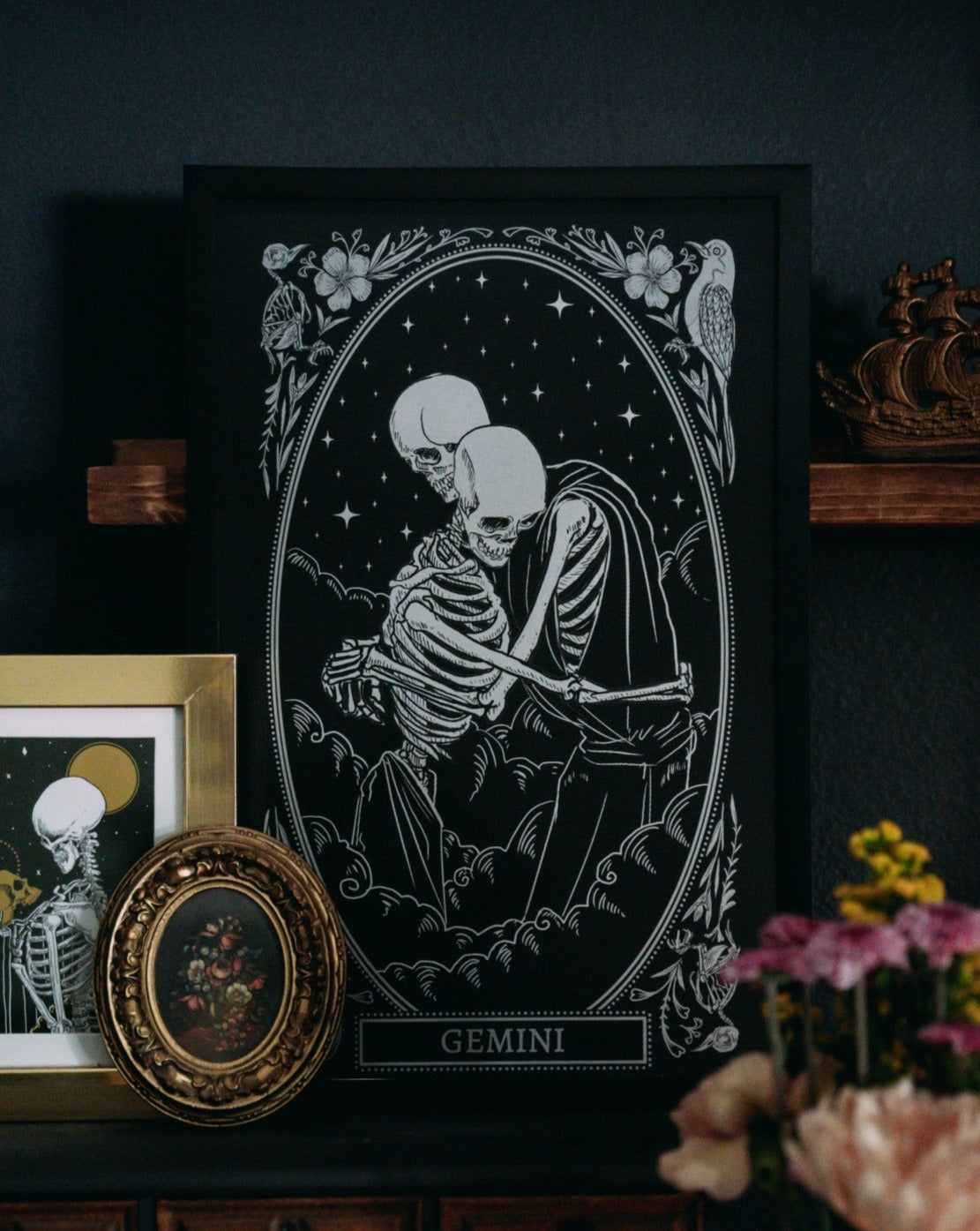 gemini zodiac sign art print on altar with dried flowers and marigold tarot