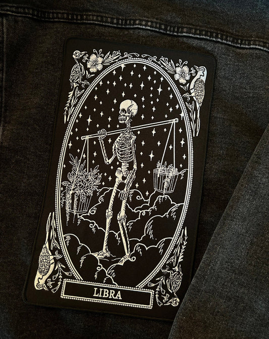 large embroidered back patch of libra zodiac sign from the mirror oracle deck by amrit brar and 13th press.