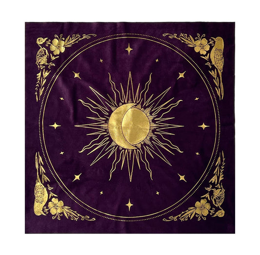 purple velvet altar cloth with gold foil printed design of sun moon and stars