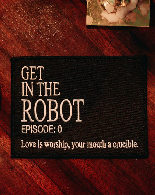 black and white thread embroidered iron-on patch designed by Amrit Brar and 13th Press. Iron-on denim patch