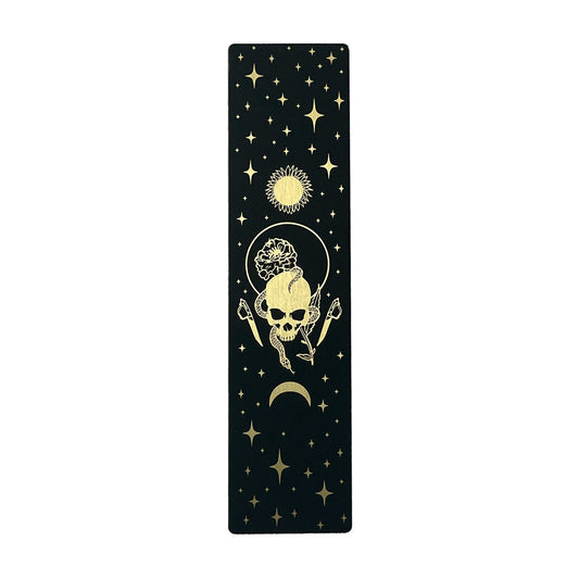 bookmark with Marigold Night tarot card design. Art from the Marigold tarot deck by Amrit Brar and 13th Press. Black and gold metal bookmark.
