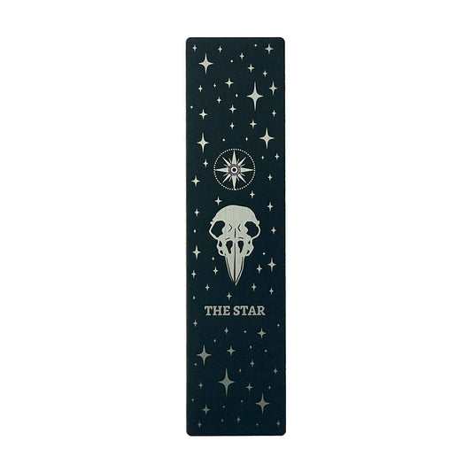 bookmark with the Star tarot card design. Art from the Marigold tarot deck by Amrit Brar and 13th Press. Black and silver metal bookmark.