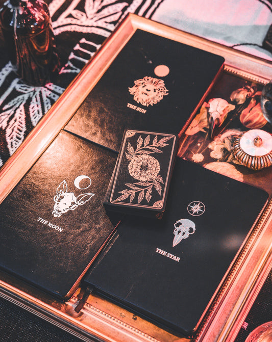 lined journal, bullet journal, and blank journal, set of three journals with the Moon, the Star, the Sun art from the Marigold Tarot deck by Amrit Brar and 13th Press. Foil printed, faux leather journals on Tapestry