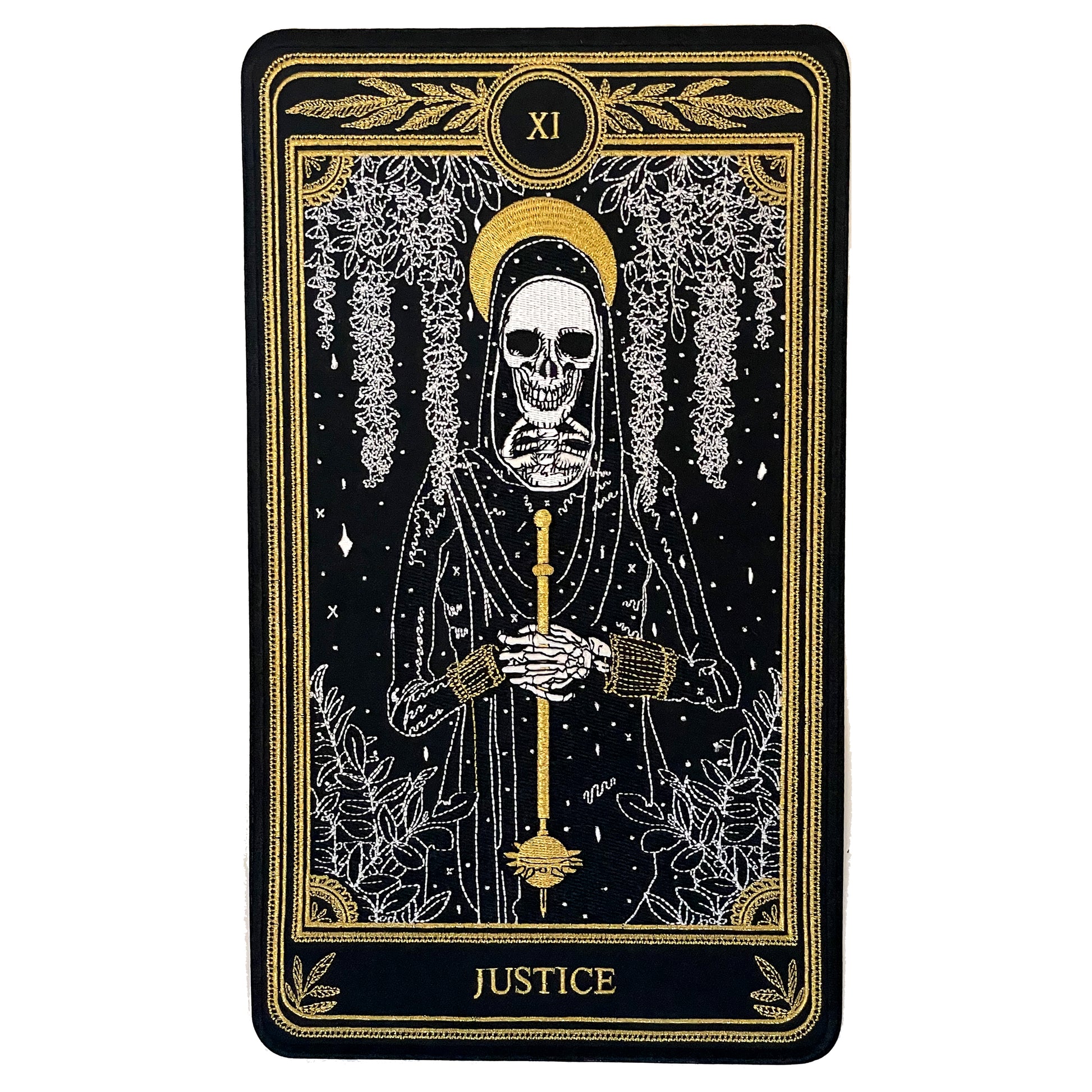 large embroidered iron-on back patch with justice tarot card design from the marigold tarot deck
