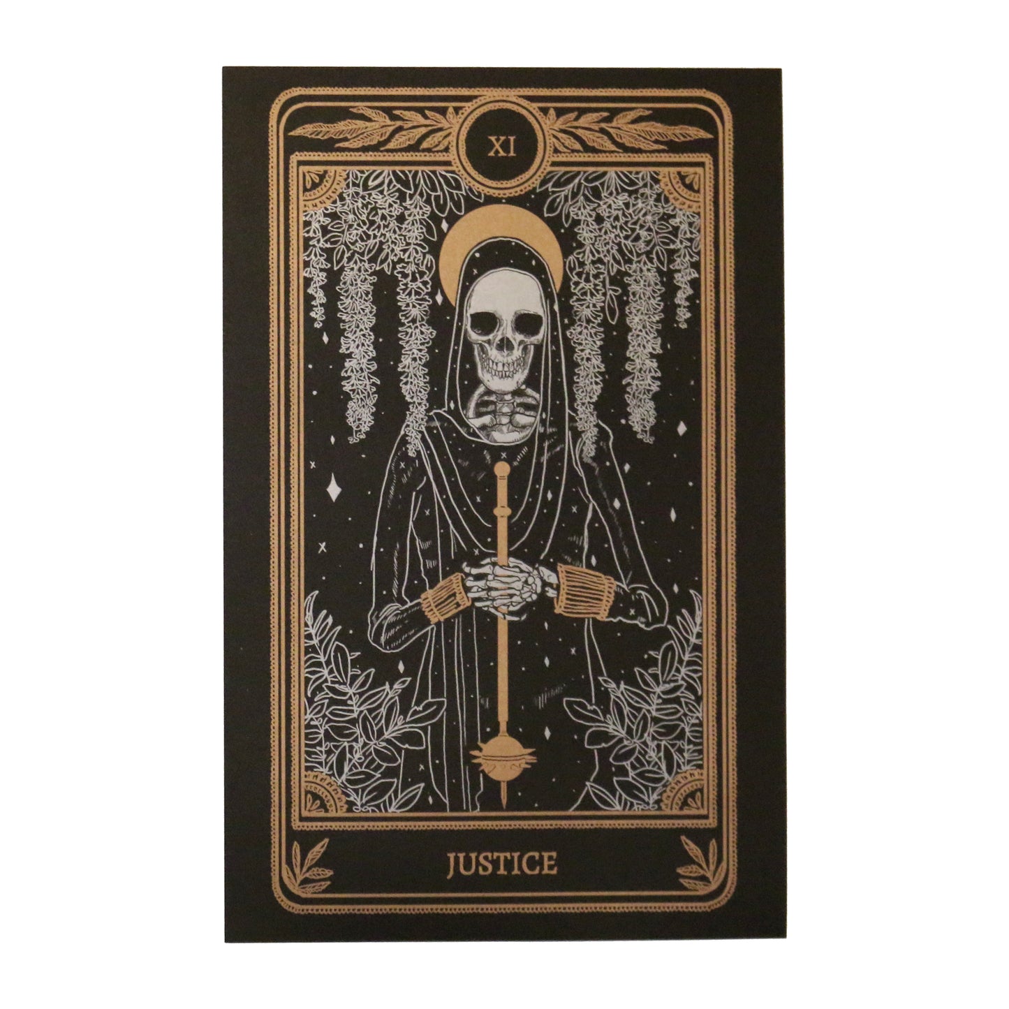 tarot art print with Justice card design from the Marigold Tarot deck by Amrit Brar and 13th Press. Black and gold ink.
