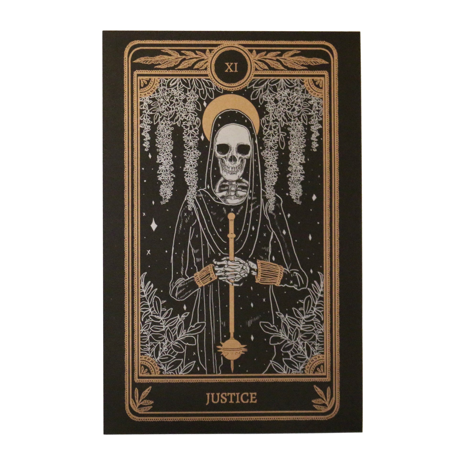 tarot art print with Justice card design from the Marigold Tarot deck by Amrit Brar and 13th Press. Black and gold ink.