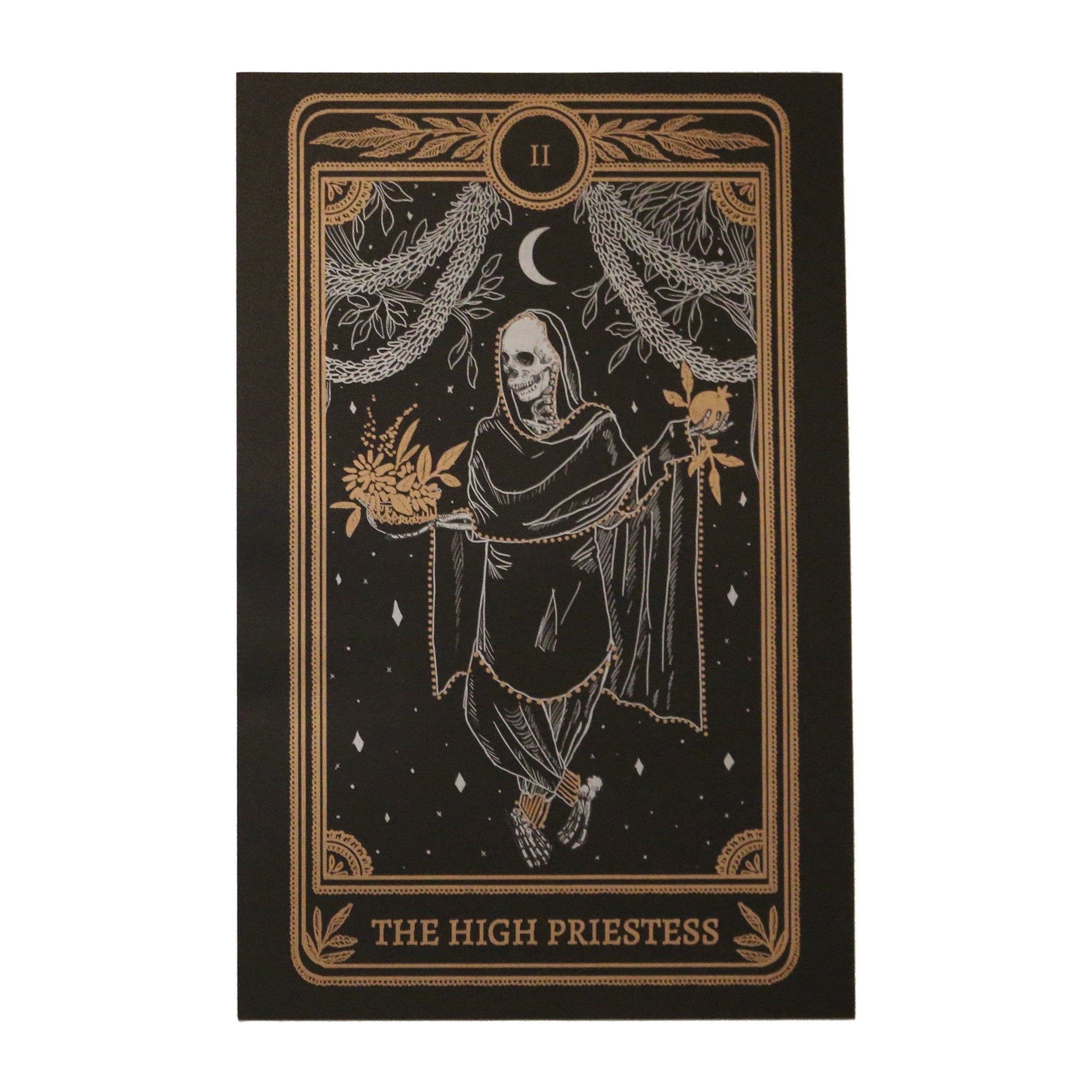 tarot card art print of the High Priestess tarot card from the Marigold Tarot deck by Amrit Brar and 13th Press. Black paper with white and bronze gold ink. Skeleton woman holding pomegranate and flowers.