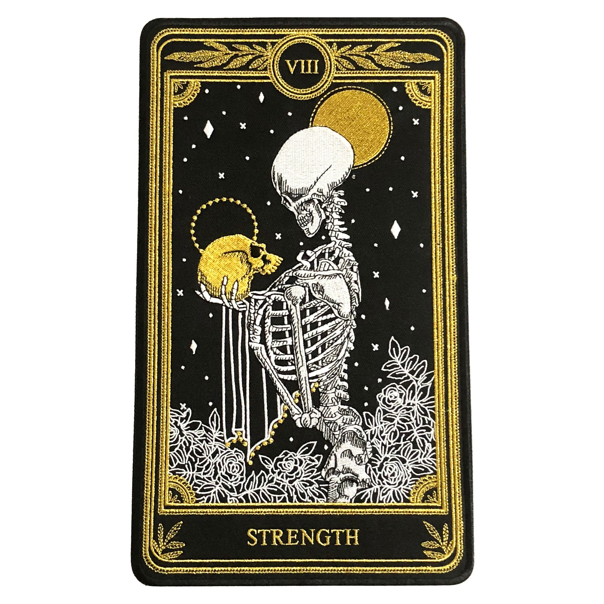 strength tarot card large embroidered back patch with black, gold, and white thread, design from the Marigold Tarot deck by Amrit Brar and 13th Press.
