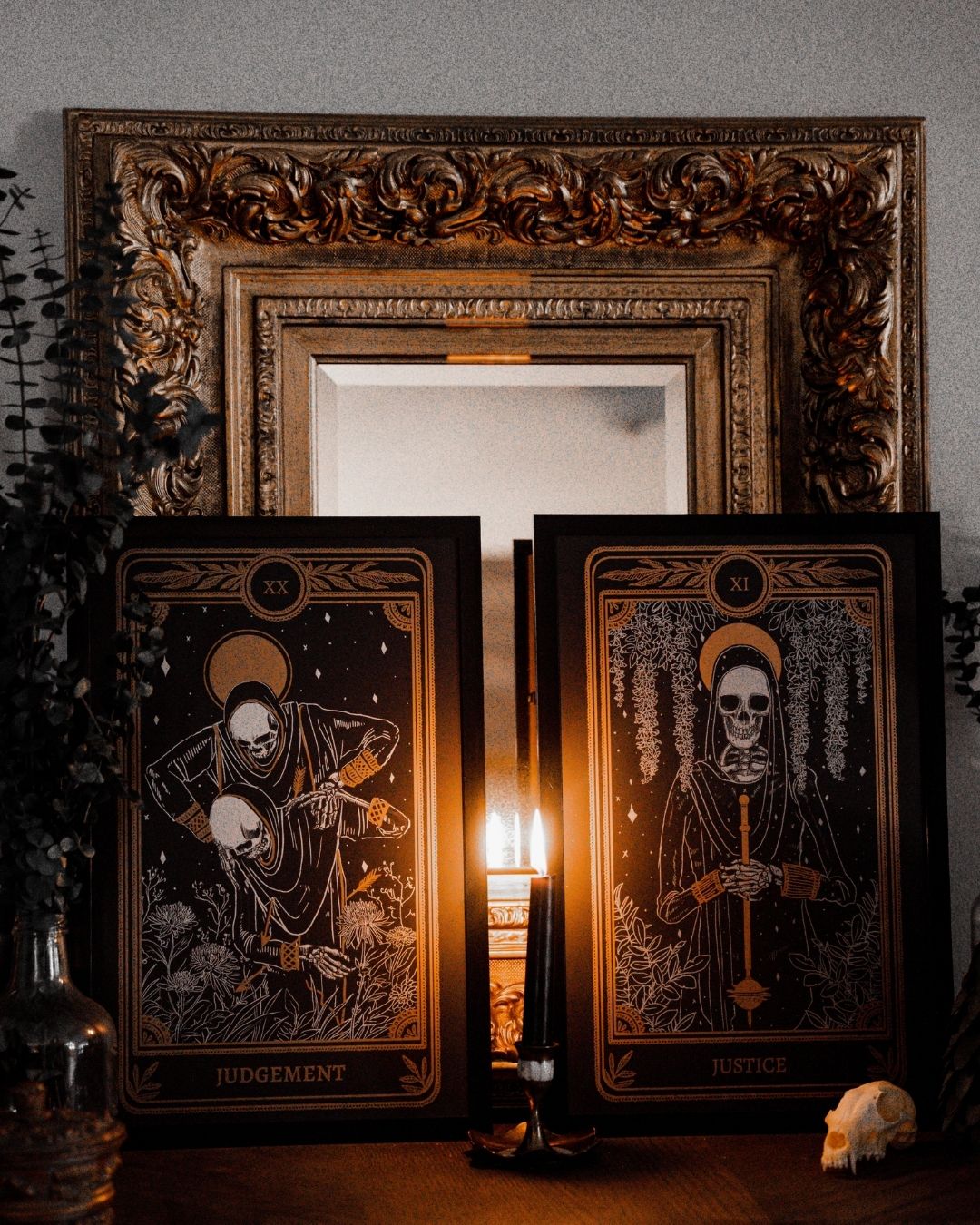 tarot art print of judgement card from Marigold Tarot deck by Amrit Brar and 13th Press. Candle and eucalyptus in background. Also includes Justice tarot card print.