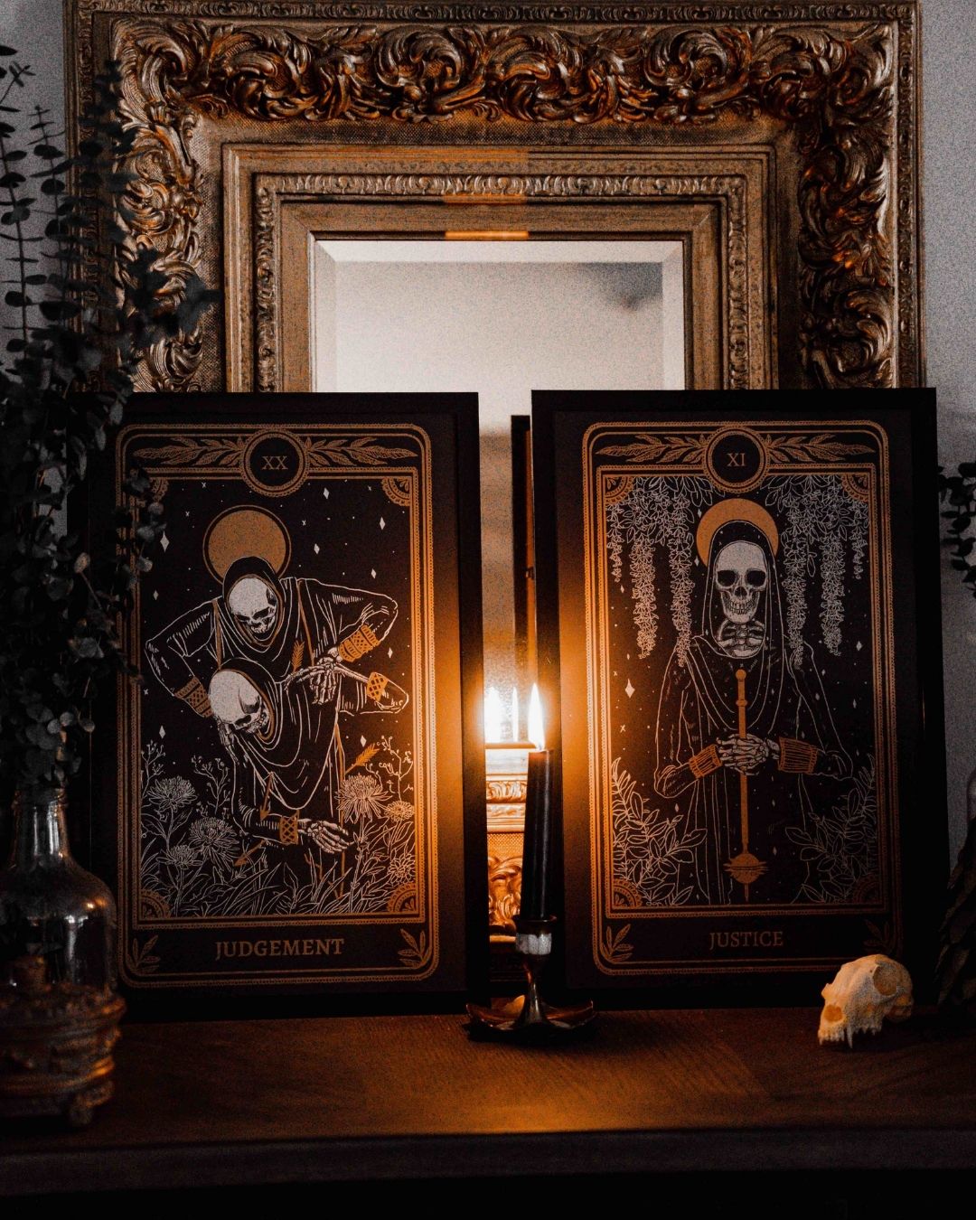 tarot art print with Justice card and Judgement tarot card design from the Marigold Tarot deck by Amrit Brar and 13th Press. Black and gold ink.