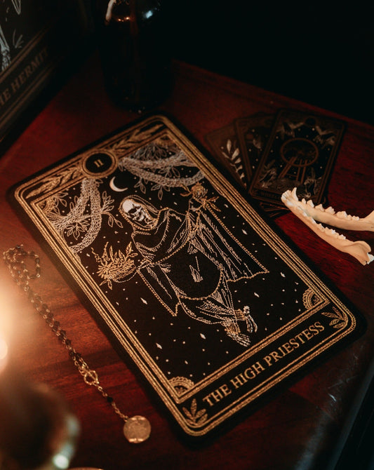 high priestess tarot card iron-on back patch design from the Marigold Tarot by Amrit Brar and 13th Press.