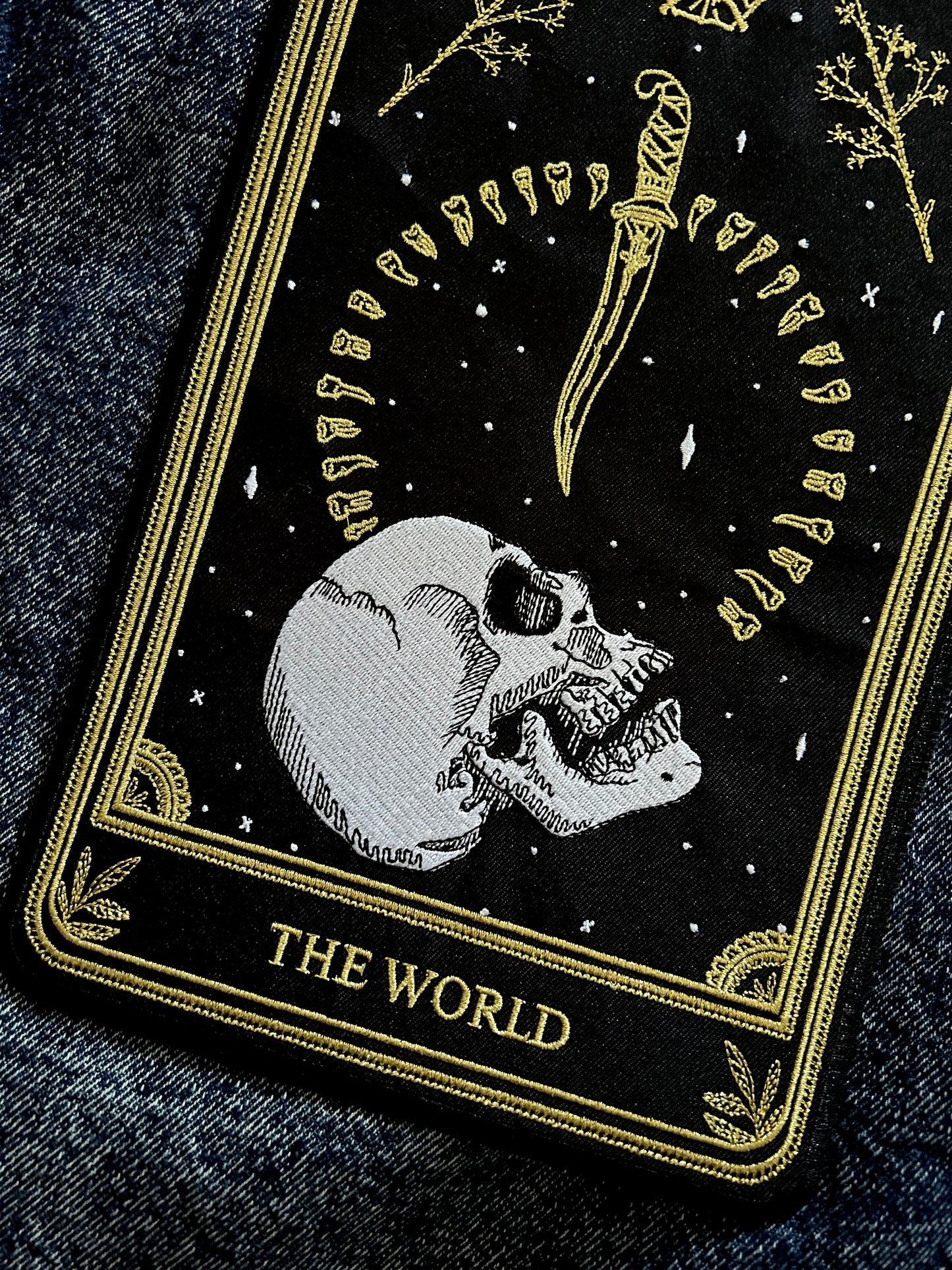 the world tarot card embroidered back patch on denim jacket iron-on