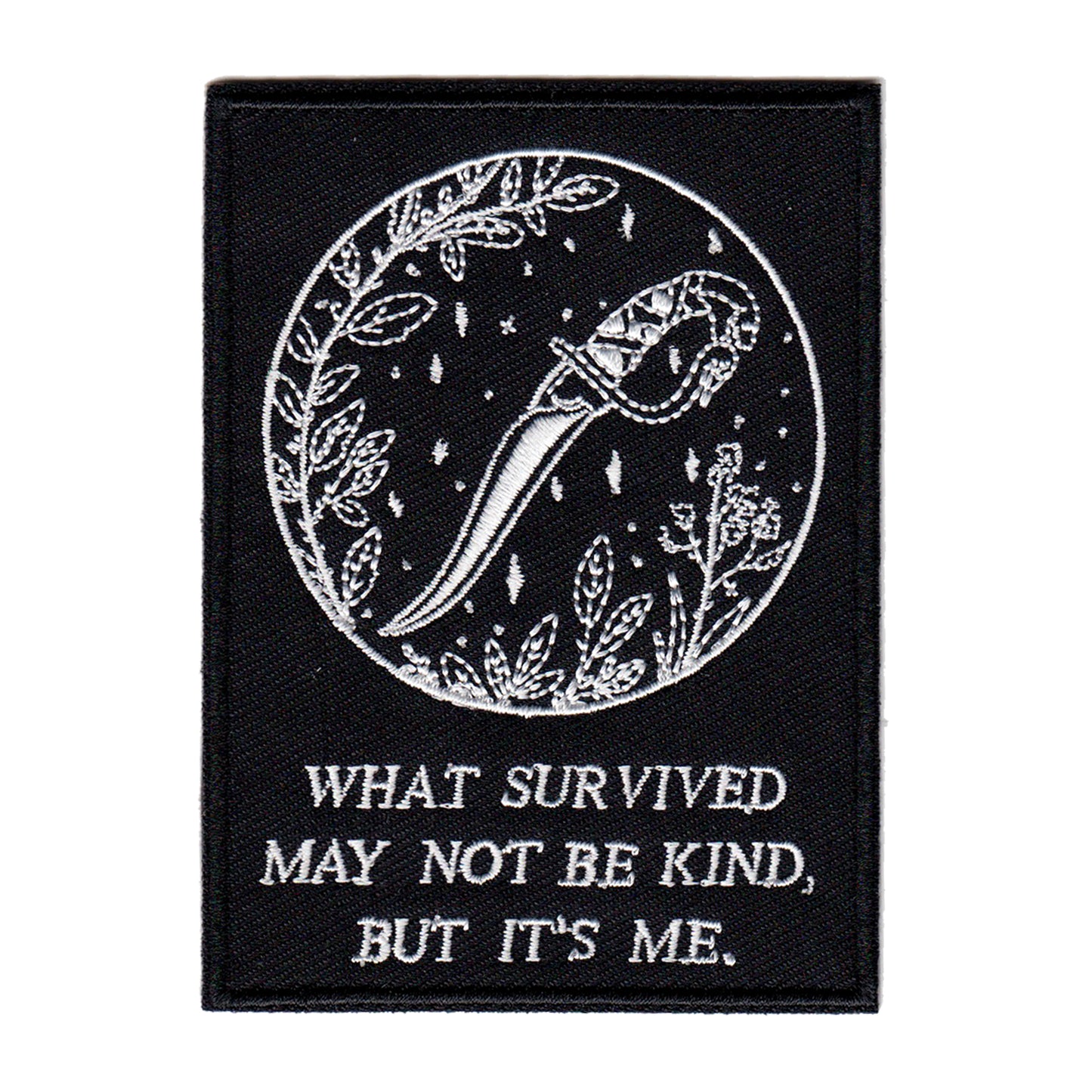 black and white embroidered iron-on patch with dagger and foliage designed by Amrit Brar and 13th Press. Iron-on backing and machine embroidered design.