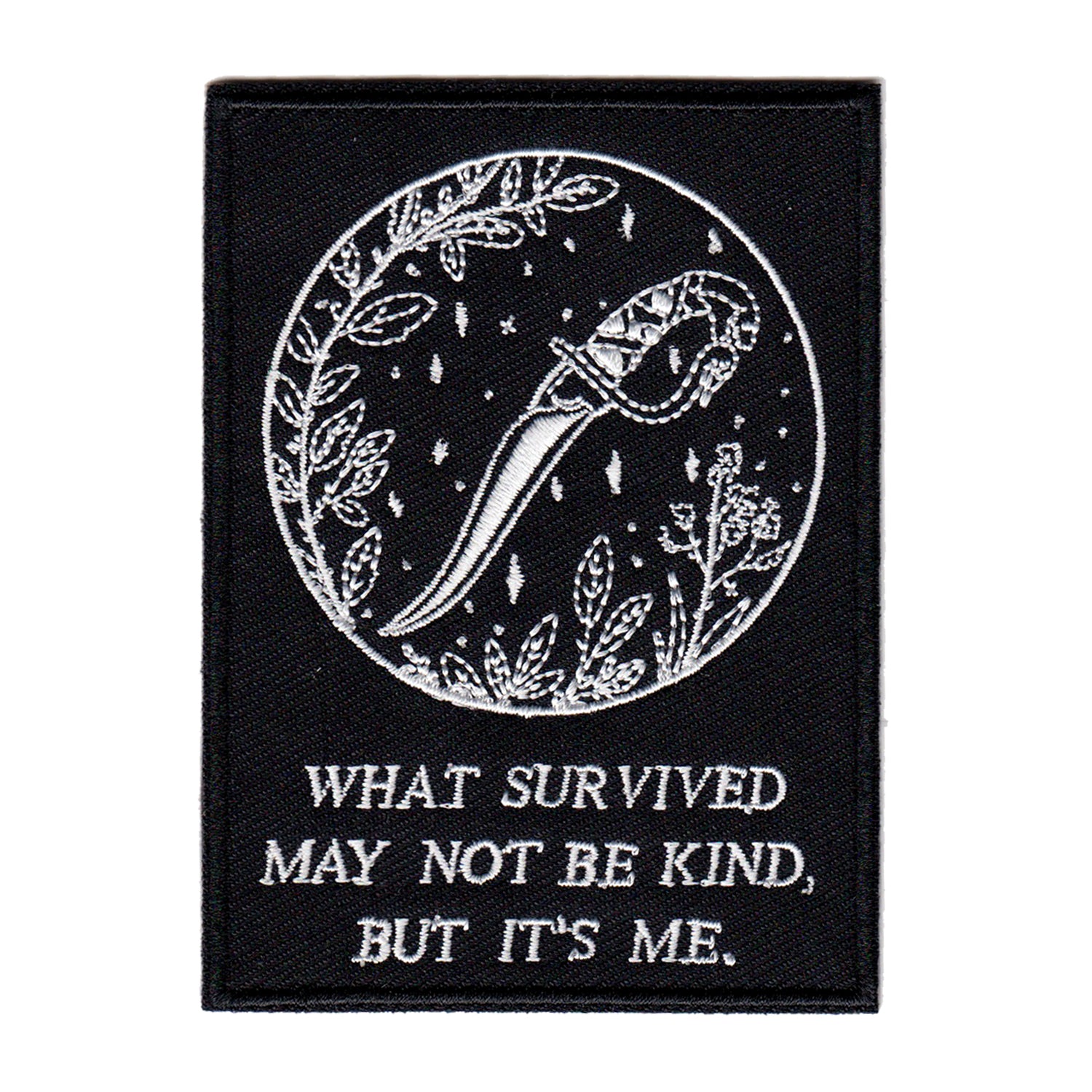 black and white embroidered iron-on patch with dagger and foliage designed by Amrit Brar and 13th Press. Iron-on backing and machine embroidered design.