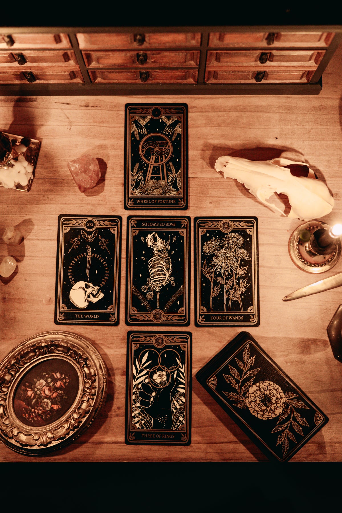 The marigold tarot card reading on altar 