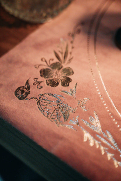 purple velvet altar cloth with gold foil printed design of sun moon and stars