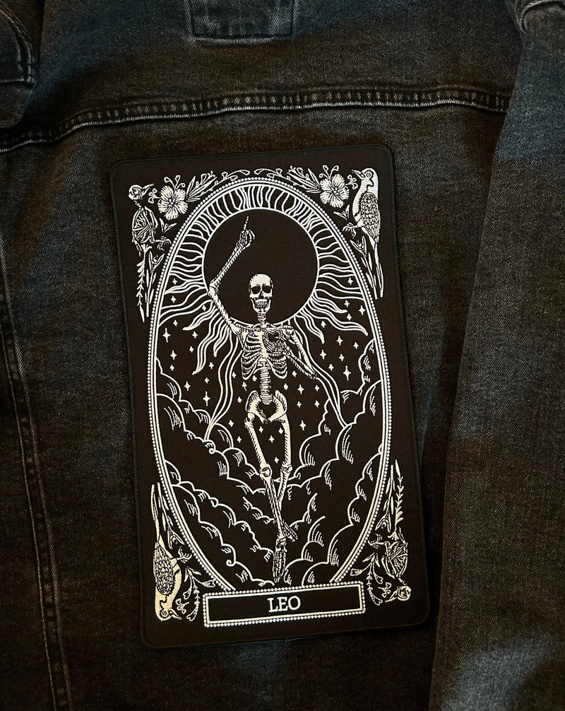 large embroidered back patch of leo zodiac sign from the mirror oracle deck by amrit brar and 13th press.