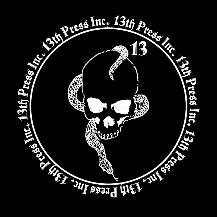 Black and white logo with a skull and snake design, featuring '13th Press Inc.' text.
