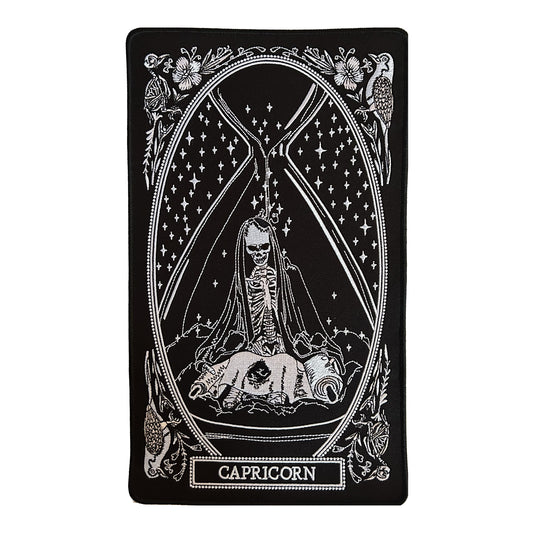 large embroidered back patch of capricorn zodiac sign from the mirror oracle deck by amrit brar and 13th press.