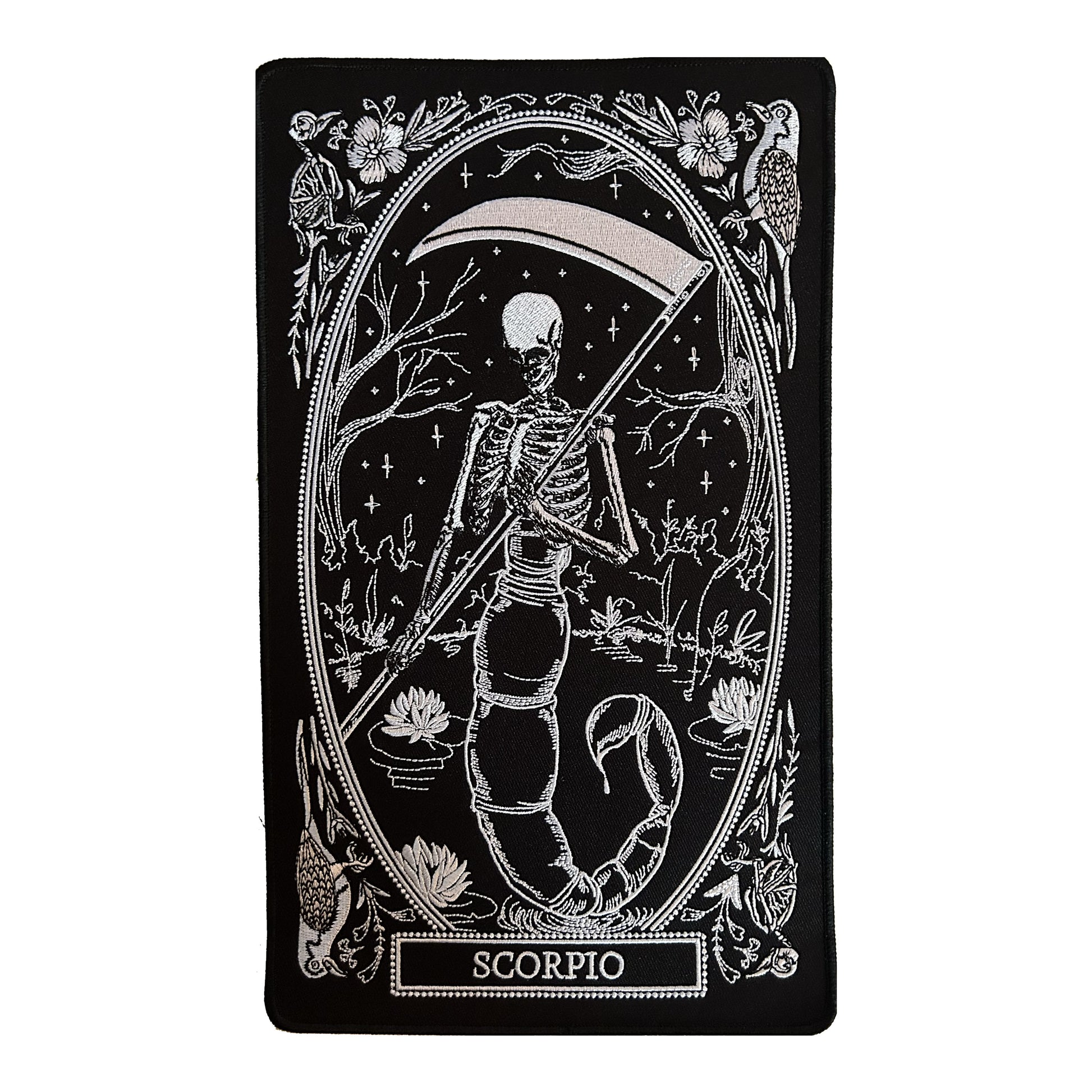 large embroidered back patch of scorpio zodiac sign from the mirror oracle deck by amrit brar and 13th press.