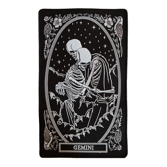 large embroidered back patch of gemini zodiac sign from the mirror oracle deck by amrit brar and 13th press.