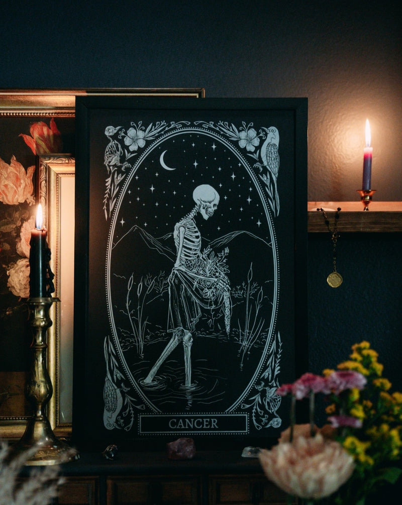 zodiac sign cancer art print on altar with dark academia decor