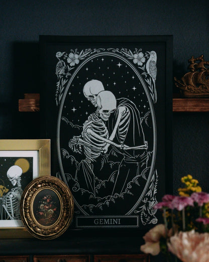 gemini zodiac sign art print on altar with dried flowers and marigold tarot