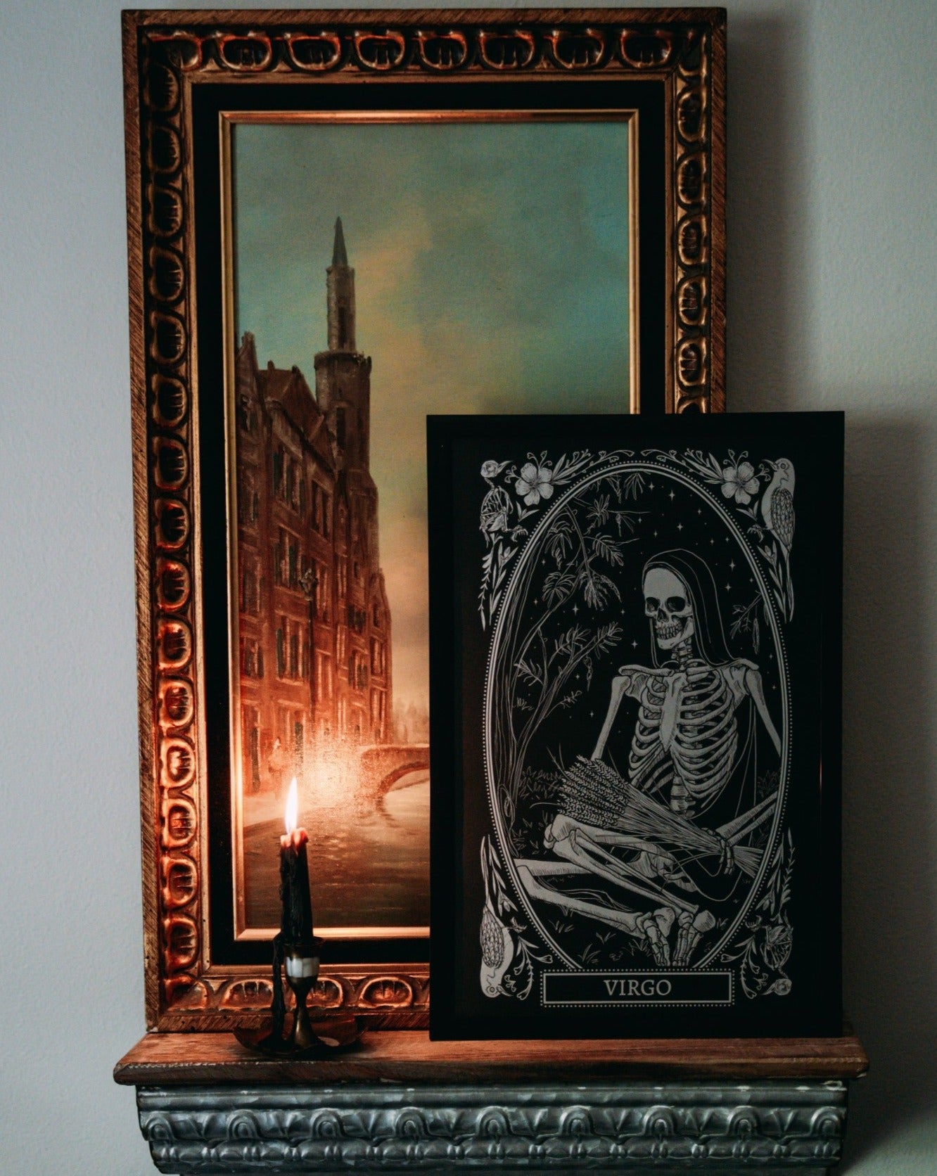 Virgo zodiac art print on altar with candle light