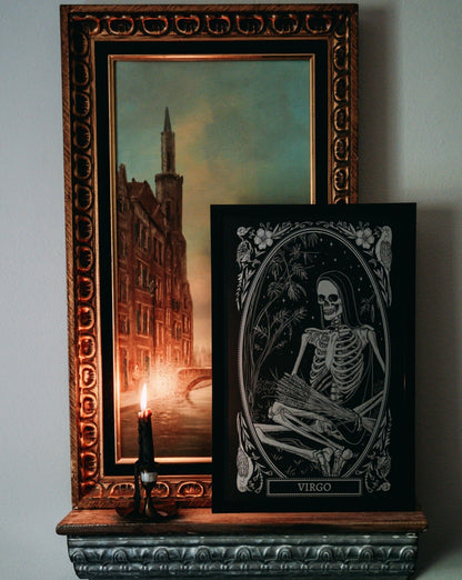 Virgo zodiac art print on altar with candle light
