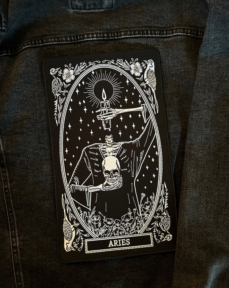 large embroidered back patch of aries zodiac sign from the mirror oracle deck by amrit brar and 13th press.
