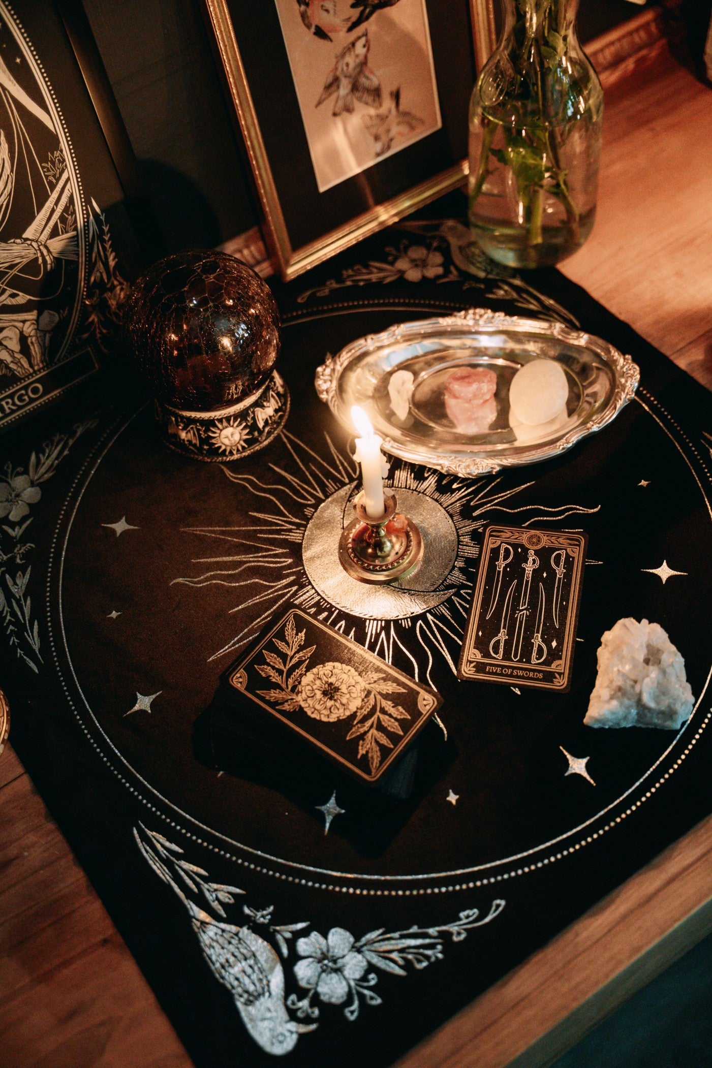 purple velvet altar cloth with gold foil printed design of sun moon and stars