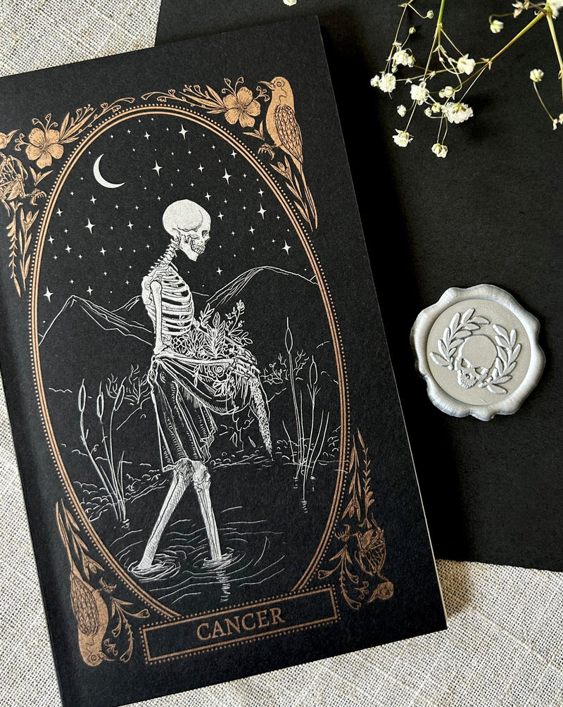 Cancer zodiac sign greeting card with black envelope and silver wax seal