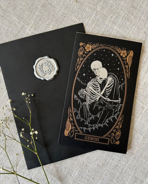 gemini zodiac sign greeting card with black envelope and silver wax seal