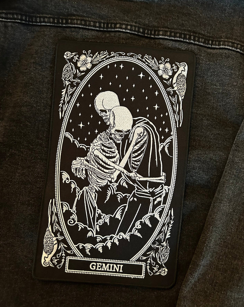 large embroidered back patch of gemini zodiac sign from the mirror oracle deck by amrit brar and 13th press.