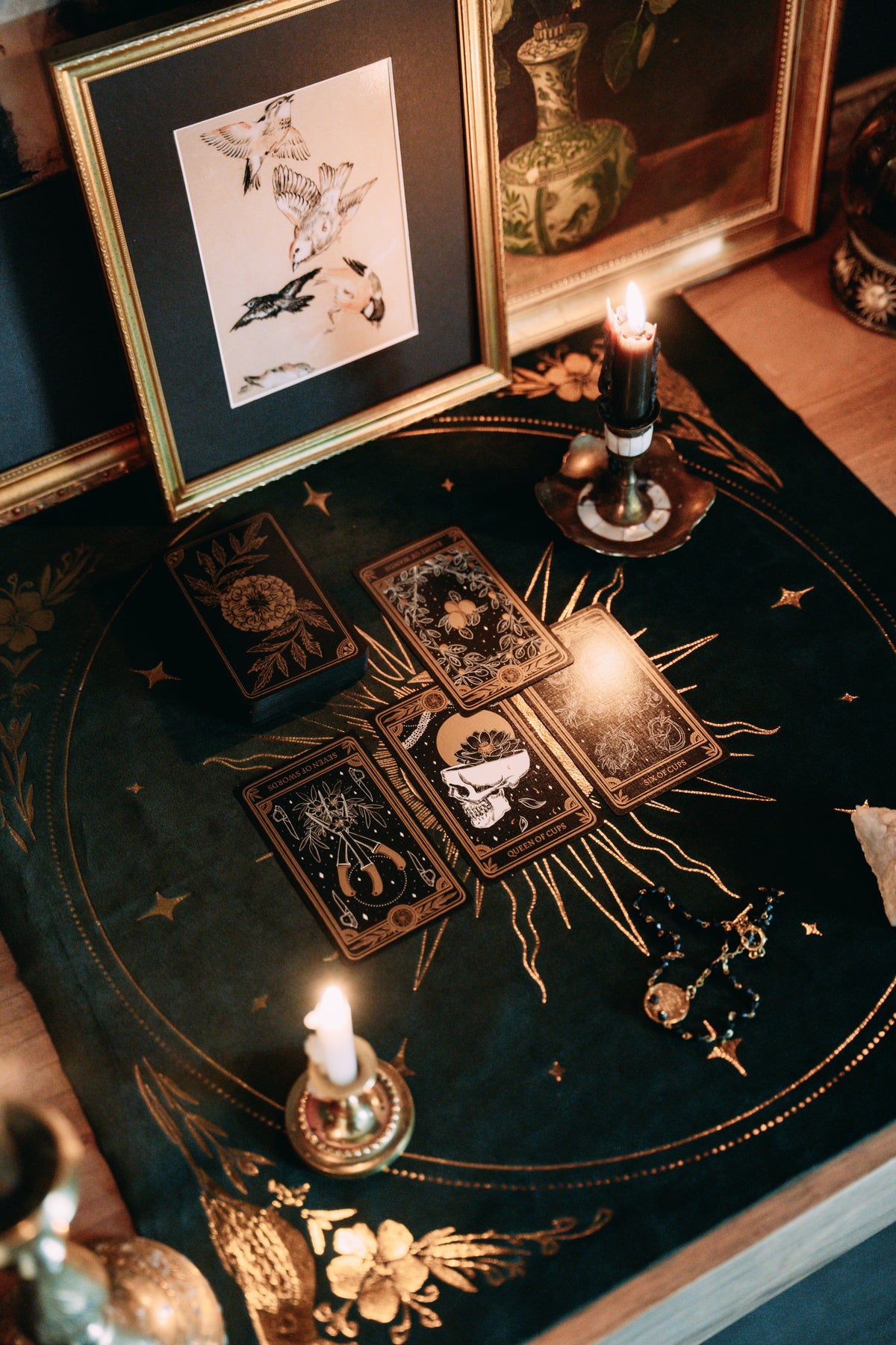the marigold tarot card reading on altar cloth for tarot readings