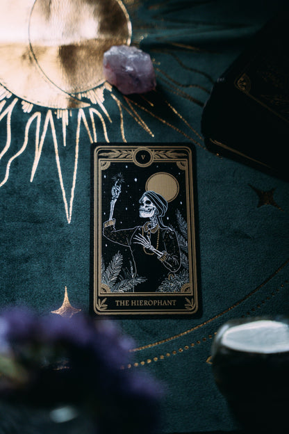 purple velvet altar cloth with gold foil printed design of sun moon and stars