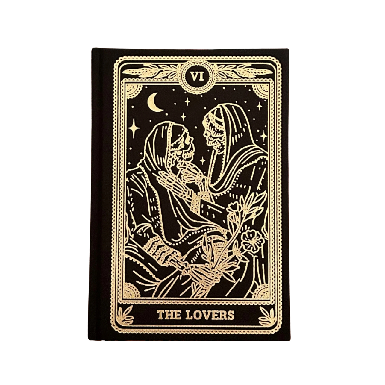 Tarot card design with 'The Lovers' illustration on a black background