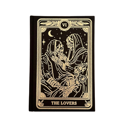 Tarot card design with 'The Lovers' illustration on a black background
