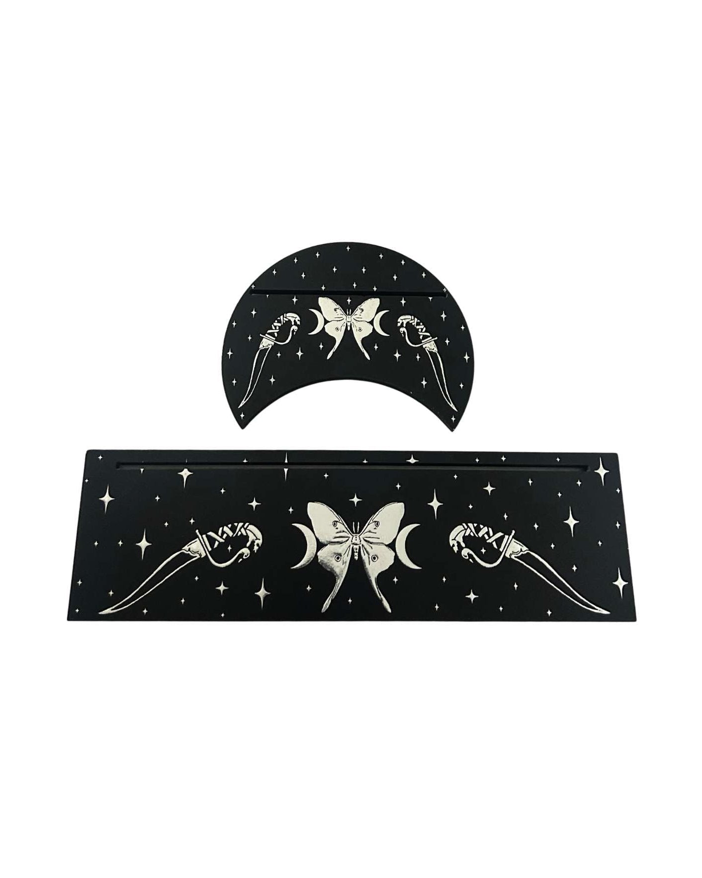 black and silver foil wood tarot card stand set