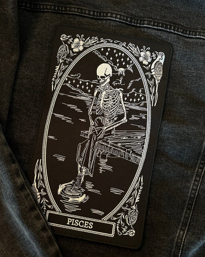 large embroidered back patch of pisces zodiac sign from the mirror oracle deck by amrit brar and 13th press.