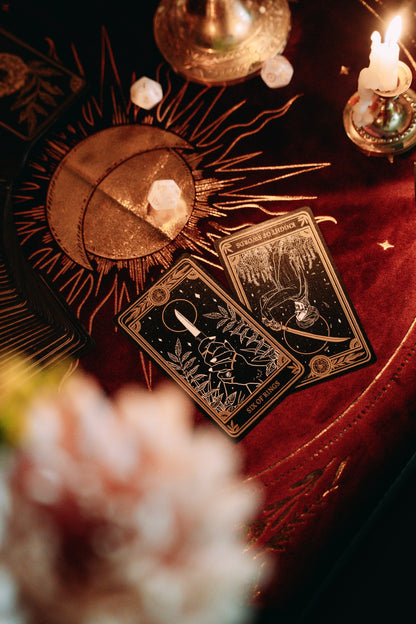 purple velvet altar cloth with gold foil printed design of sun moon and stars