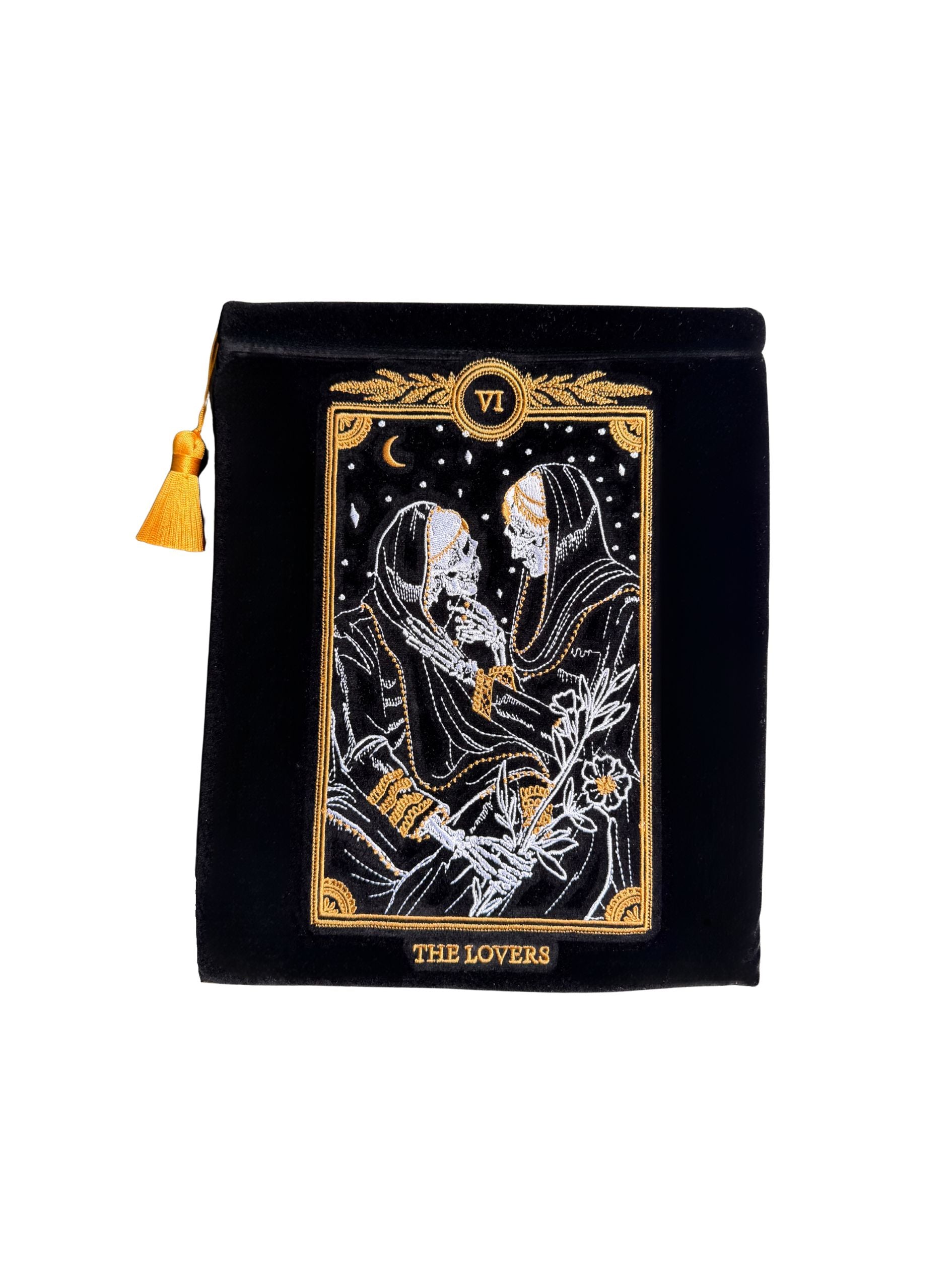 Black pouch with 'The Lovers' tarot card design embroidered, sleeve for ipads books kindles tarot decks
