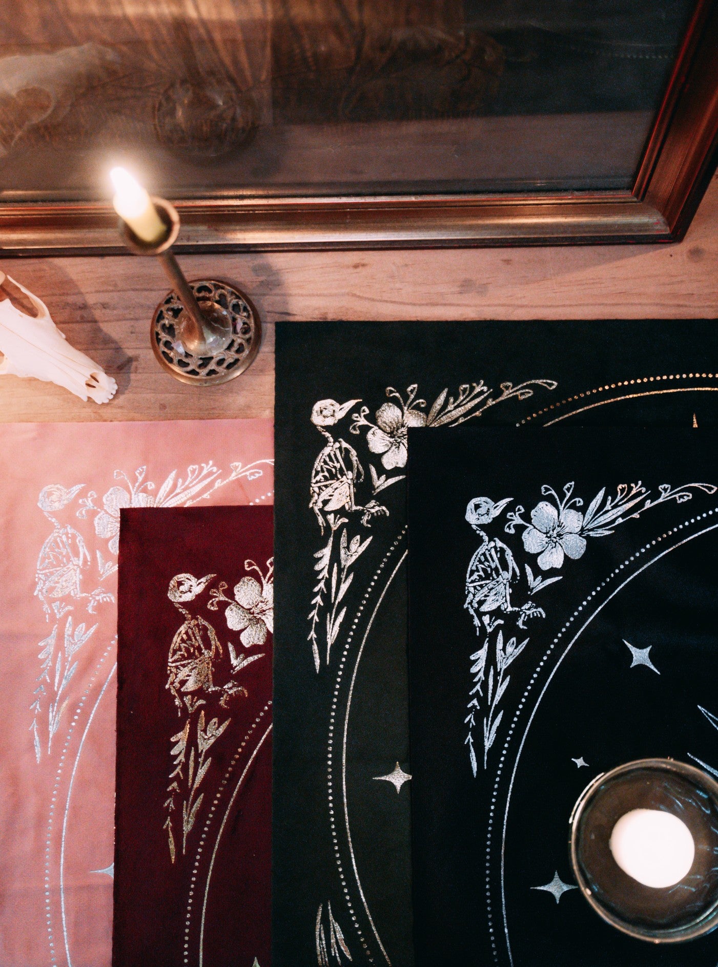 purple velvet altar cloth with gold foil printed design of sun moon and stars