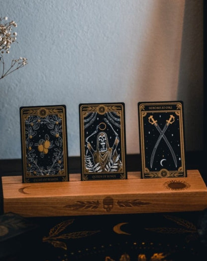 wood carved tarot card reading stand