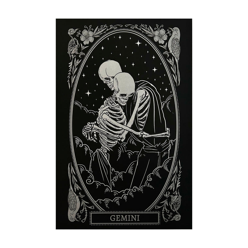 gemini zodiac sign art print design from the Mirror Oracle deck. Skeletons embracing