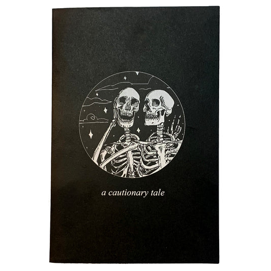 Greeting card, front reads "A Cautionary Tale", size 4"x6", Black and white printing, Blank, white inside, 250gsm paper, 100gsm cream envelope. Artwork by Amrit Brar, produced by 13th Press. Stationery, cards, tarot art
