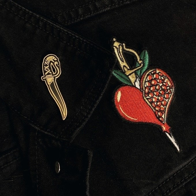 embroidered iron-on patch of pomegranate love design by Amrit Brar and 13th Press.